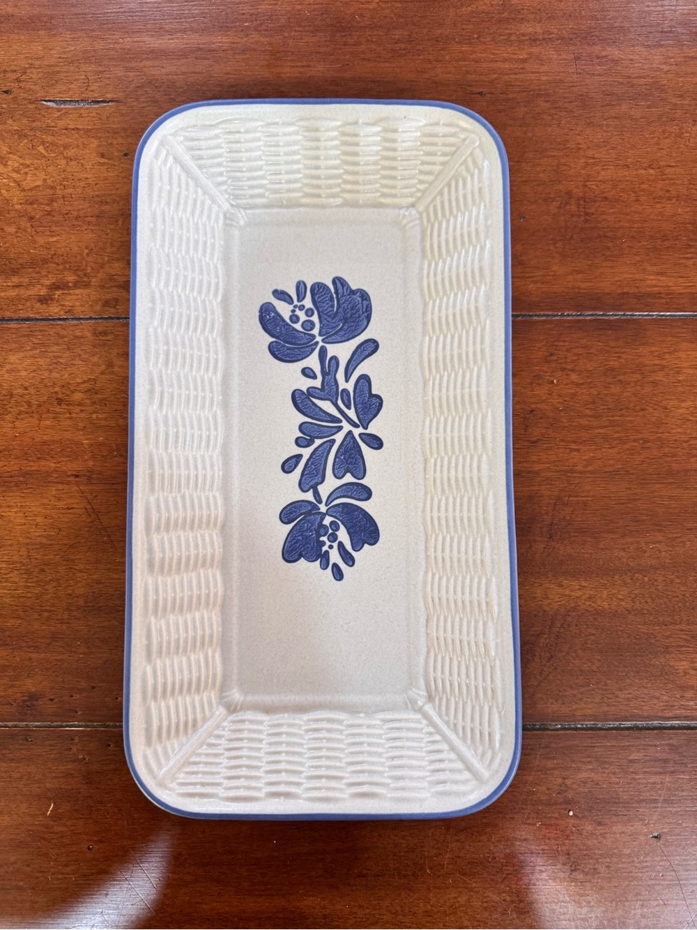 Vintage Pfaltzgraff Folk Art Bread Tray 12.5” Basket Weave Blue Floral USA